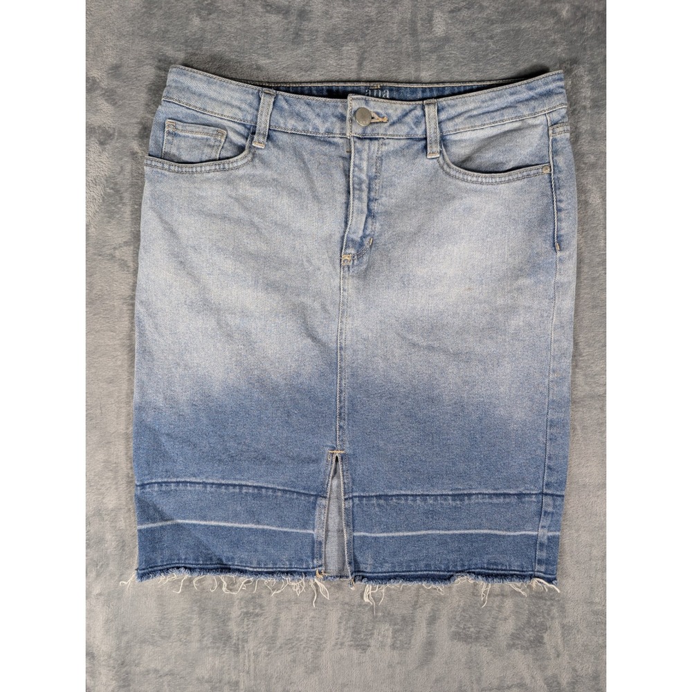 a.n.a A New Approach Size 12 Denim Pencil Skirt Blue Ombre Frayed Hem Front Slit